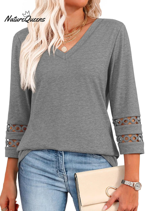 2025 New Womens 3/4 Length Sleeve Tops Trendy V Neck T Shirts