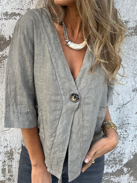Women's V-neck Button-down Linen Jacket