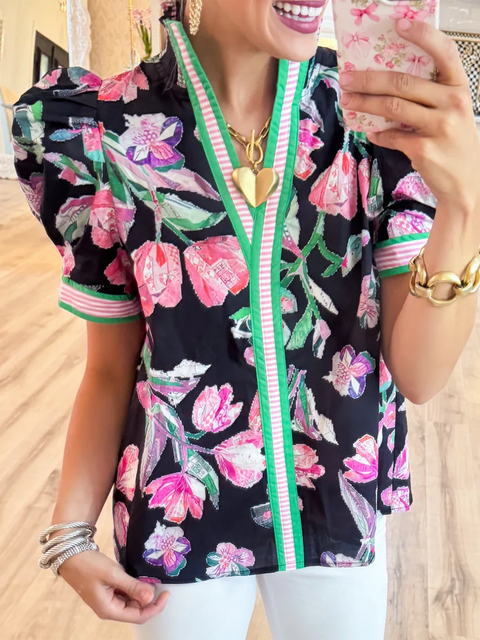 Black Floral Puff Sleeve Top