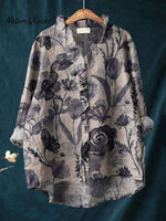 Women's Vintage Flower Art Print Casual Cotton And Linen Ruffle Shirt