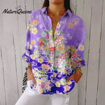 Women's Vintage Flower Art Print Casual Linen V-neck Shirt