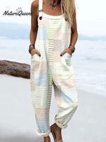 Women's Vintage Abstract Geometric Line Art Print Casual 100% Cotton Wide Leg Jumpsuit