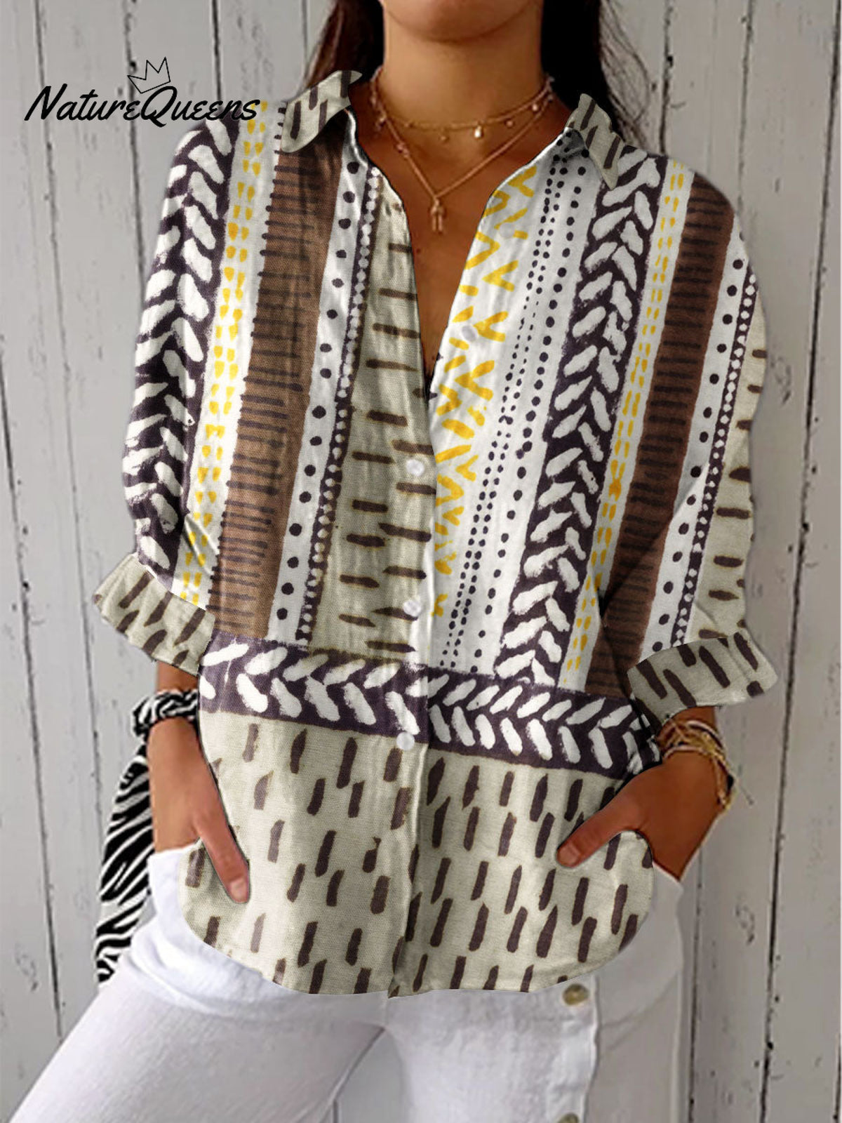 Women's Vintage Abstract Geometry Art Print Casual Linen V-neck Shirt