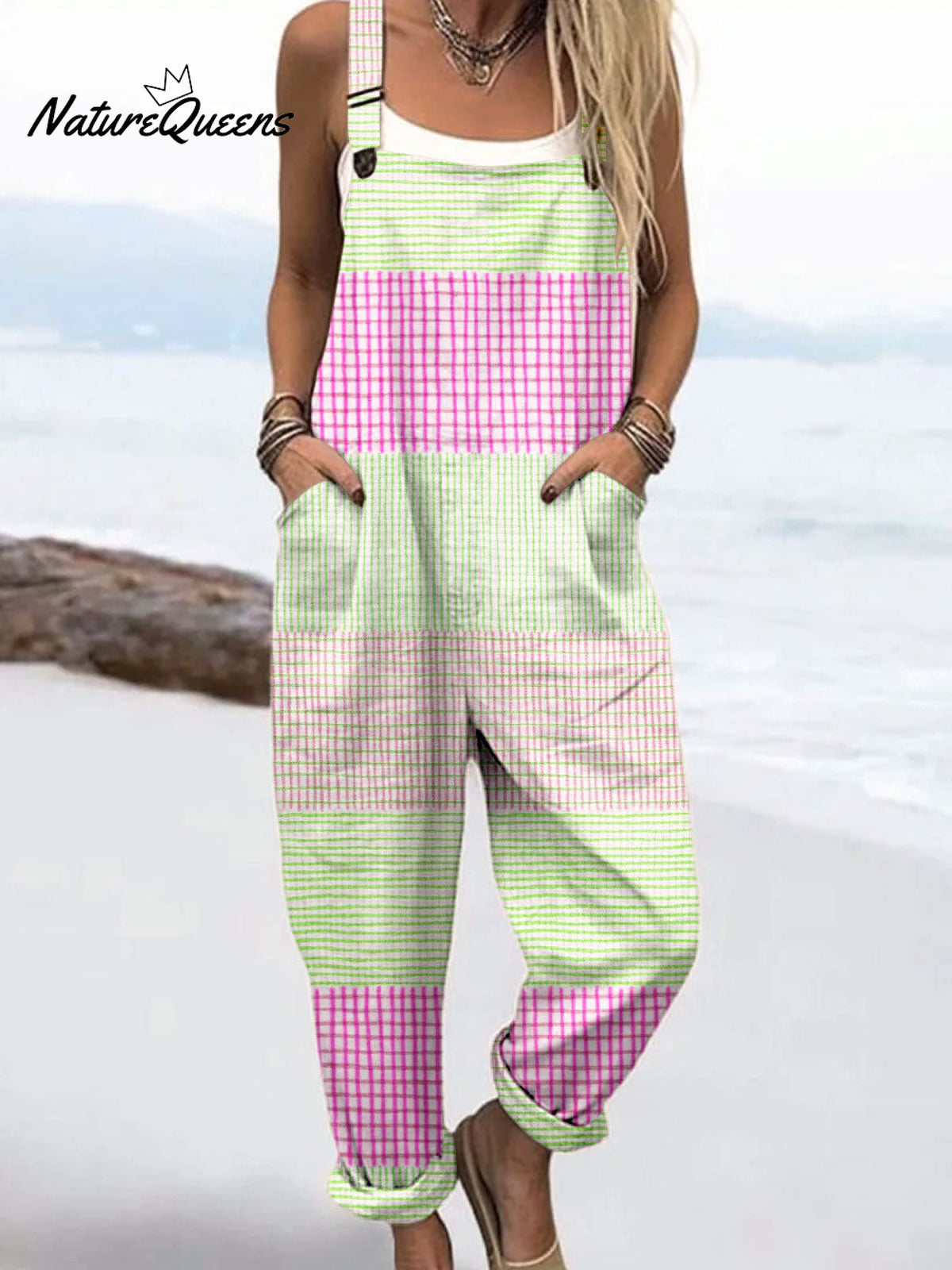 Women's Vintage Abstract Geometric Line Art Print Casual 100% Cotton Wide Leg Jumpsuit