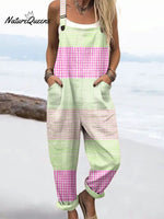 Women's Vintage Abstract Geometric Line Art Print Casual 100% Cotton Wide Leg Jumpsuit