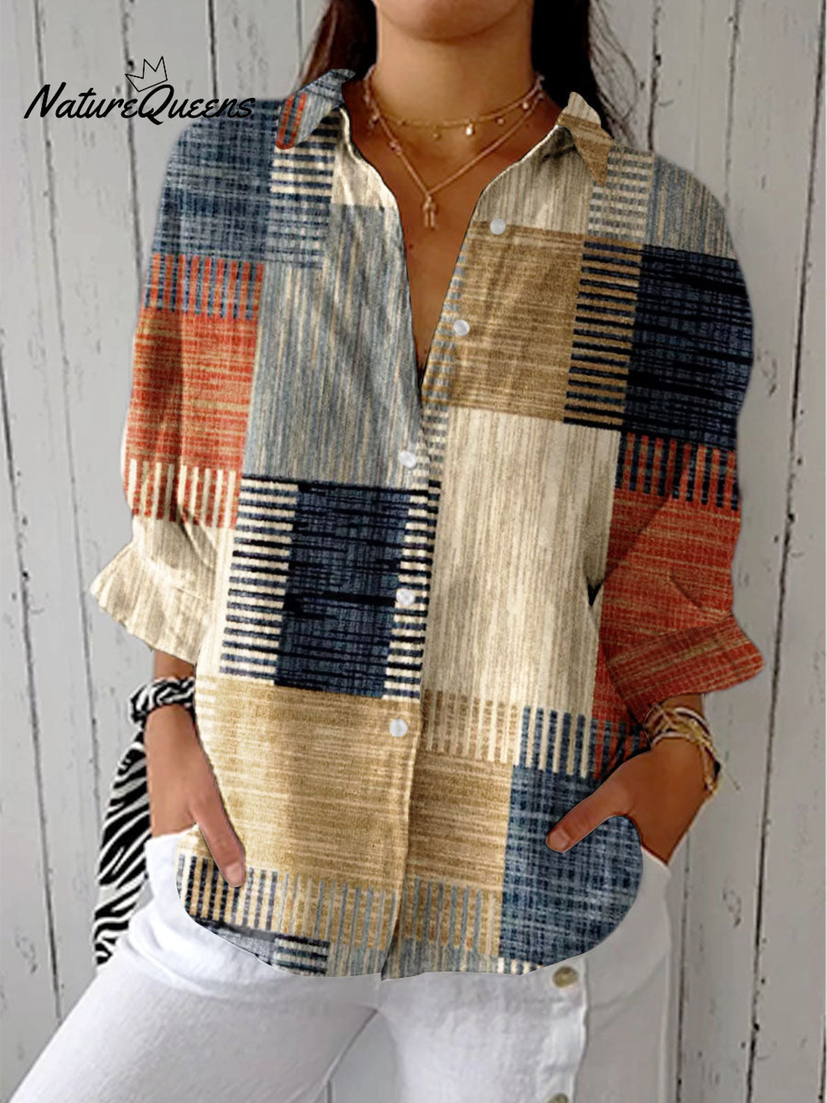 Women's Vintage Abstract Geometry Art Print Casual Linen V-neck Shirt