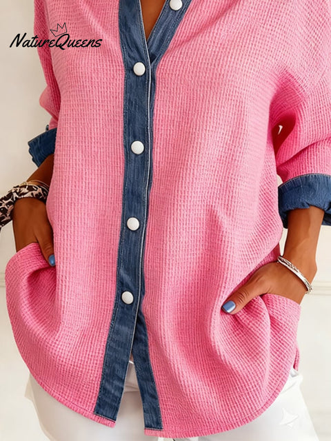 Women's Casual Lapel Waffle Panel Shirt