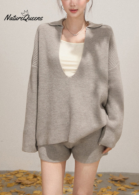 Light Grey Knit Cozy Two Pieces Set Deep-V Neck Fall