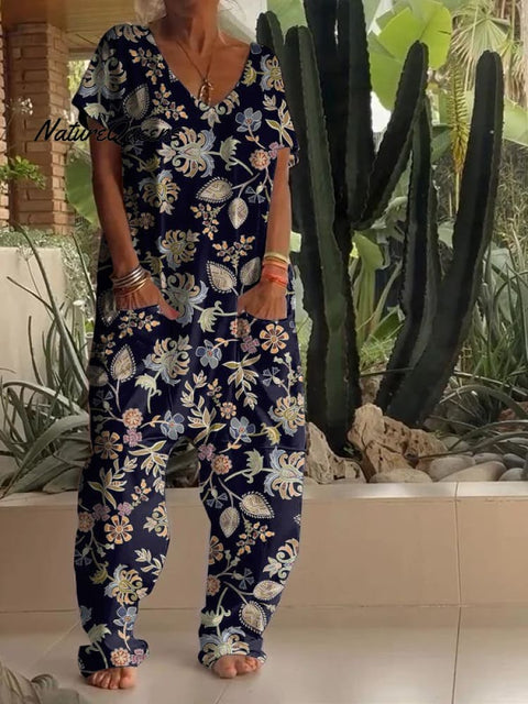 Casual Retro Floral Print V Neck Jumpsuit