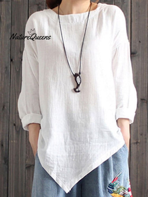 Ladies Cotton Linen Irregular Hem Shirt