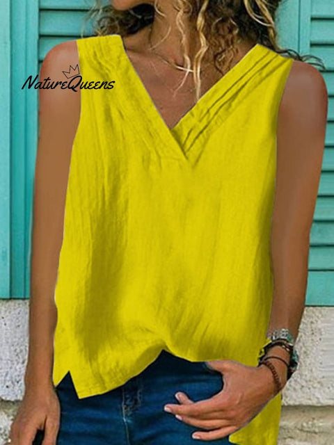 Women’s V - Neck Hem Split Sleeveless Shirt Yellow / S