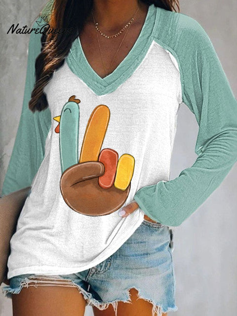 Women's Thanksgiving Peace Turkey Print Long Sleeve Top
