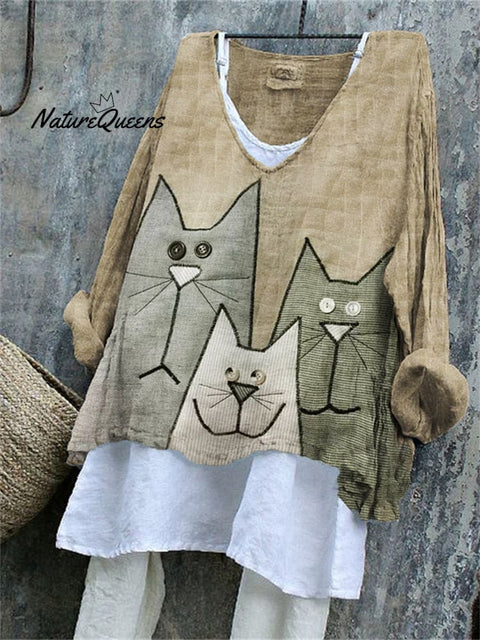 Lovely Cats Patchwork Fiber Art Linen Blend Tunic