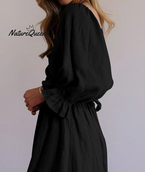 French Ruffled Lantern Sleeves Multi-wear Dress Green
