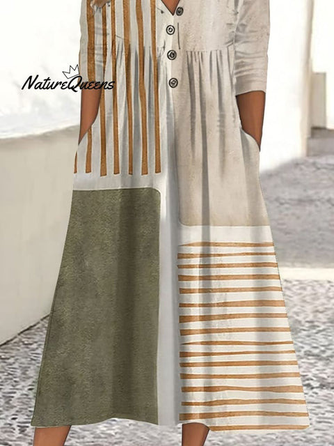 Women's Casual Button Collar Contrast Geometric Pattern Print Dress