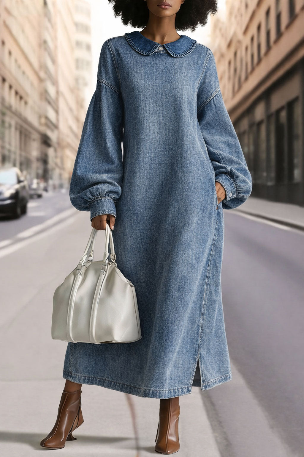 Women's Silhouette Peter Pan Collar Denim Maxi Dress