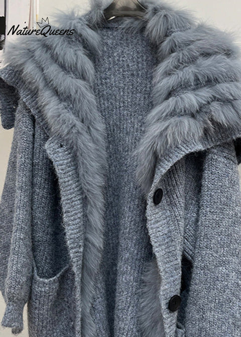 Art Blue Button Pockets Cozy Patchwork Knit Coats