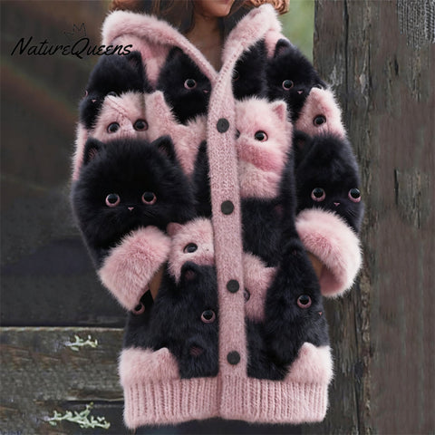 Lovely Pink & Black Cats Fuzzy Knit Hooded Cardigan