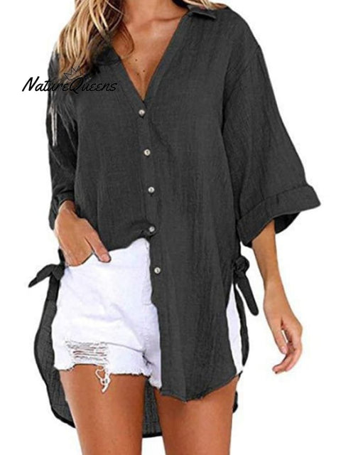 Ladies Cotton Linen Irregular Casual Shirt