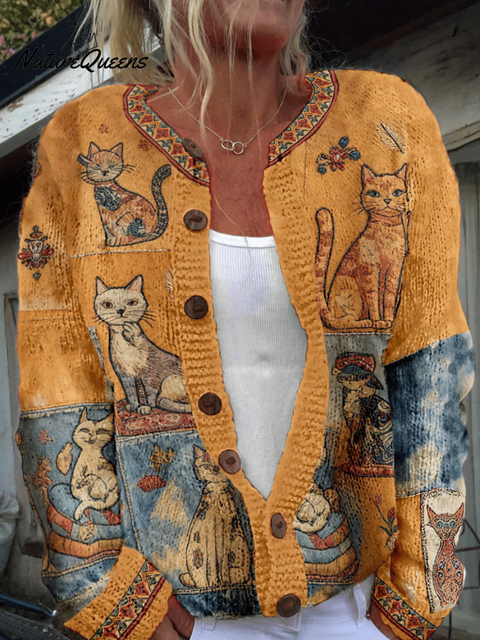 Women's Autumn Cats Print Buttoned Cardigan Sweater
