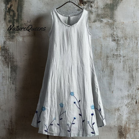 Classy Floral Embroidered Bottom Linen Tank Dress