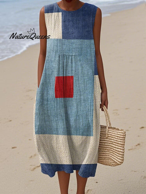 Women's Retro Abstract Geometric Print Cotton and Linen Dress