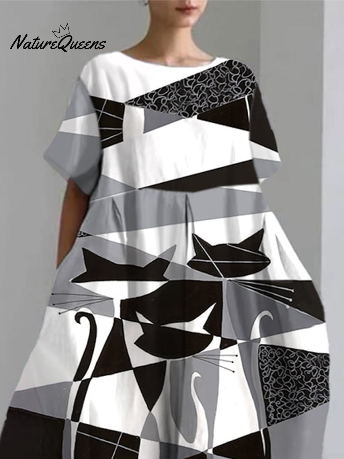 Women's Cute Cat Short Sleeve Linen Blend Midi Dress