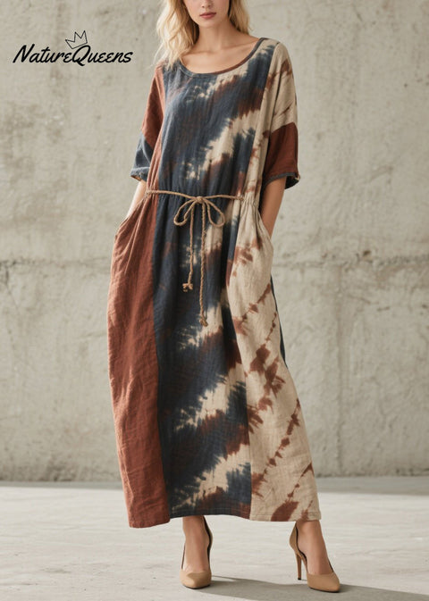 Chic O Neck Tie Dye Lace Up Pockets Cotton Dresses Summer