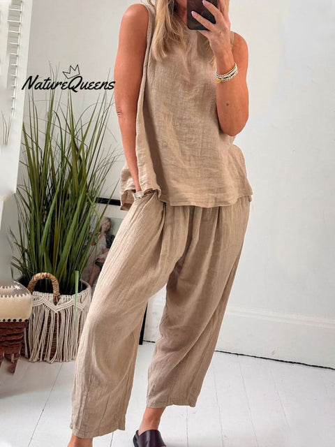 Cotton and linen sleeveless casual two-piece set
