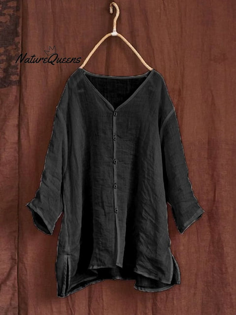 Women's Loose Solid Color V-Neck Mid-Sleeve Cotton And Linen Casual Shirt