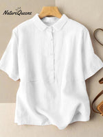 Cotton Solid Color Artistic Retro Loose Short Sleeve Shirt White / L