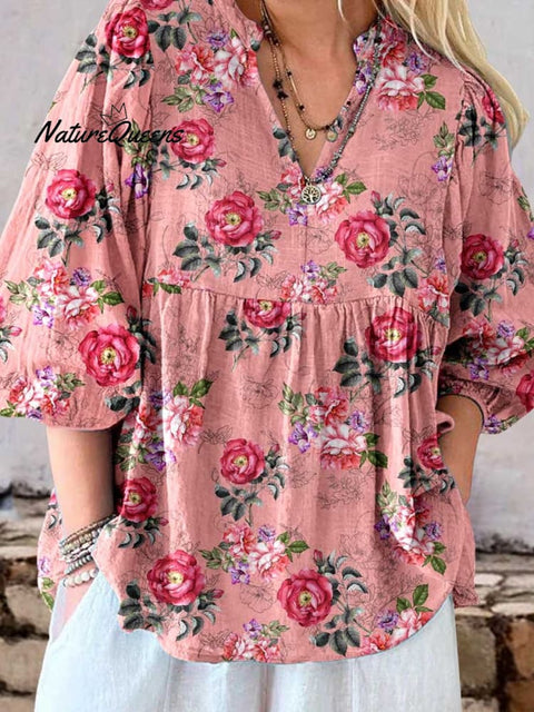 Women's Elegant Simple Rose Floral Pattern Linen Top