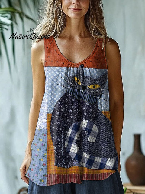 Cute Cat Patchwork Artistic Linen Blend Tank Top