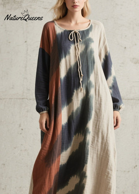 Original Design O Neck Tie Dye Cotton Maxi Dresses Fall