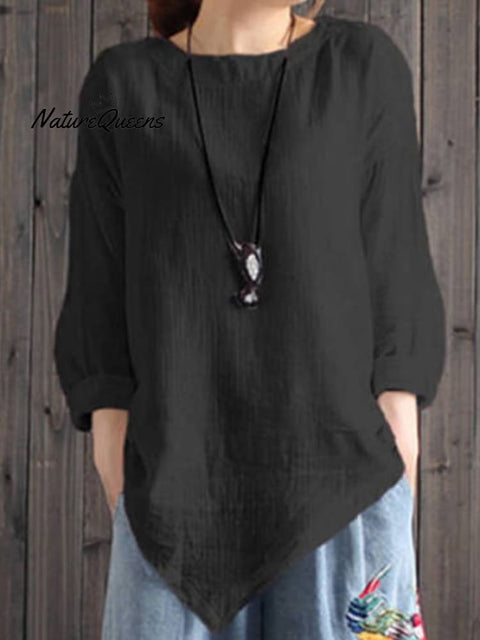 Ladies Cotton Linen Irregular Hem Shirt