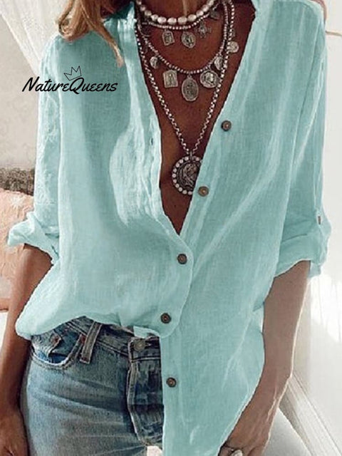 Ladies Cotton Linen Solid Color Pull-Sleeve Loose V-Neck Long-Sleeve Shirt