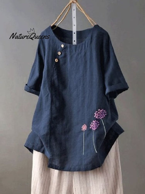 Women’s Embroidered Cotton And Linen O - Neck Button Short Sleeve Blouse Navy / M