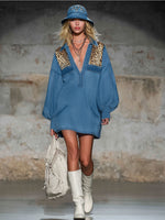 Lapel Collardenim And Leopard Print Patchwork Long-sleeved Mini Dress