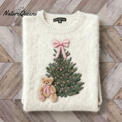 Fuzzy Bear & Christmas Tree With Pink Bow Knot Cozy Sweater