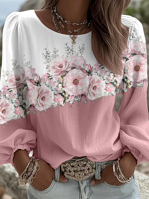Women's Floral Print Round Neck Long Sleeve Linen Blend Shirt