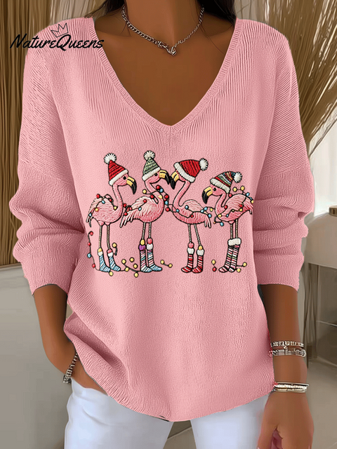 Women's Christmas Flamingo Print Knit Long Sleeve Top