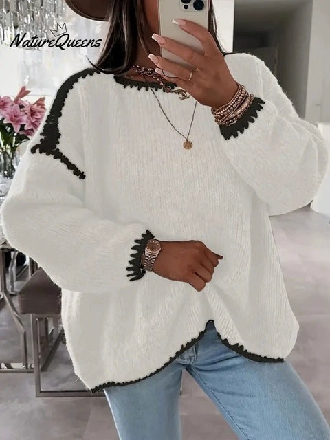Women's Contrast Color Casual Crew Neck Sweater