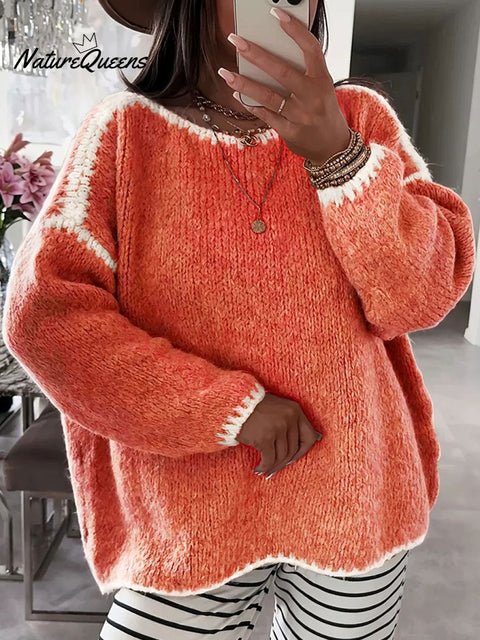 Women's Contrast Color Casual Crew Neck Sweater