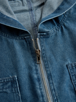 Casual Loose Retro Pocket Long Sleeve Hooded Zipper Denim Jumpsuit