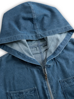 Casual Loose Retro Pocket Long Sleeve Hooded Zipper Denim Jumpsuit