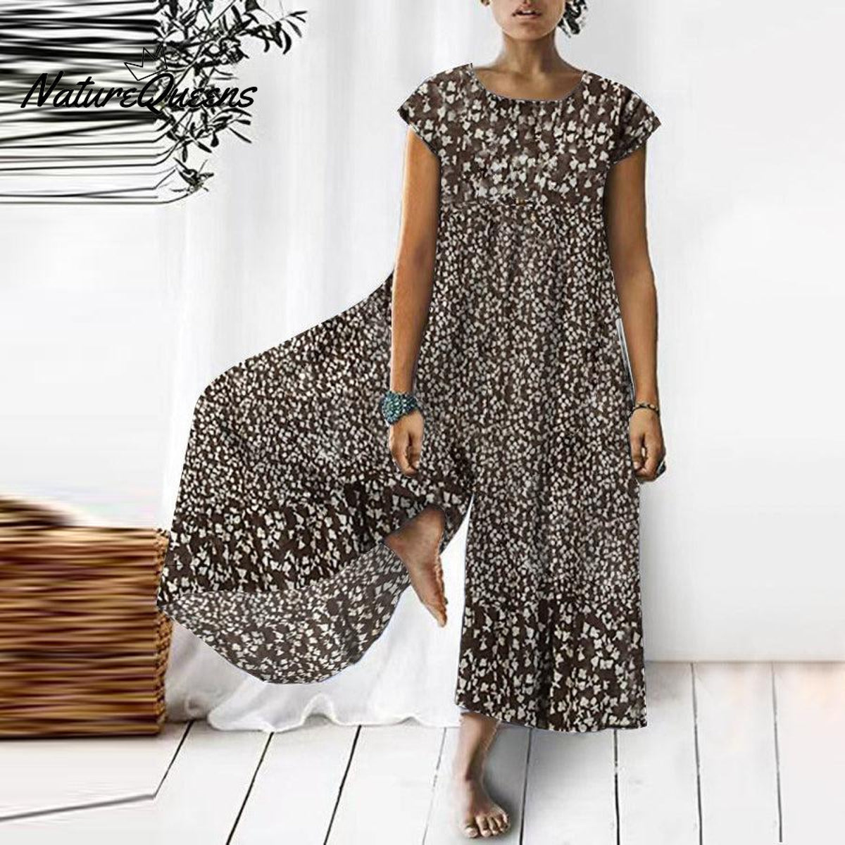 Retro Brown Round Neck Jumpsuit