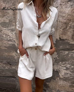 Middle Sleeves Cotton and Linen Lapel Shirt Suit