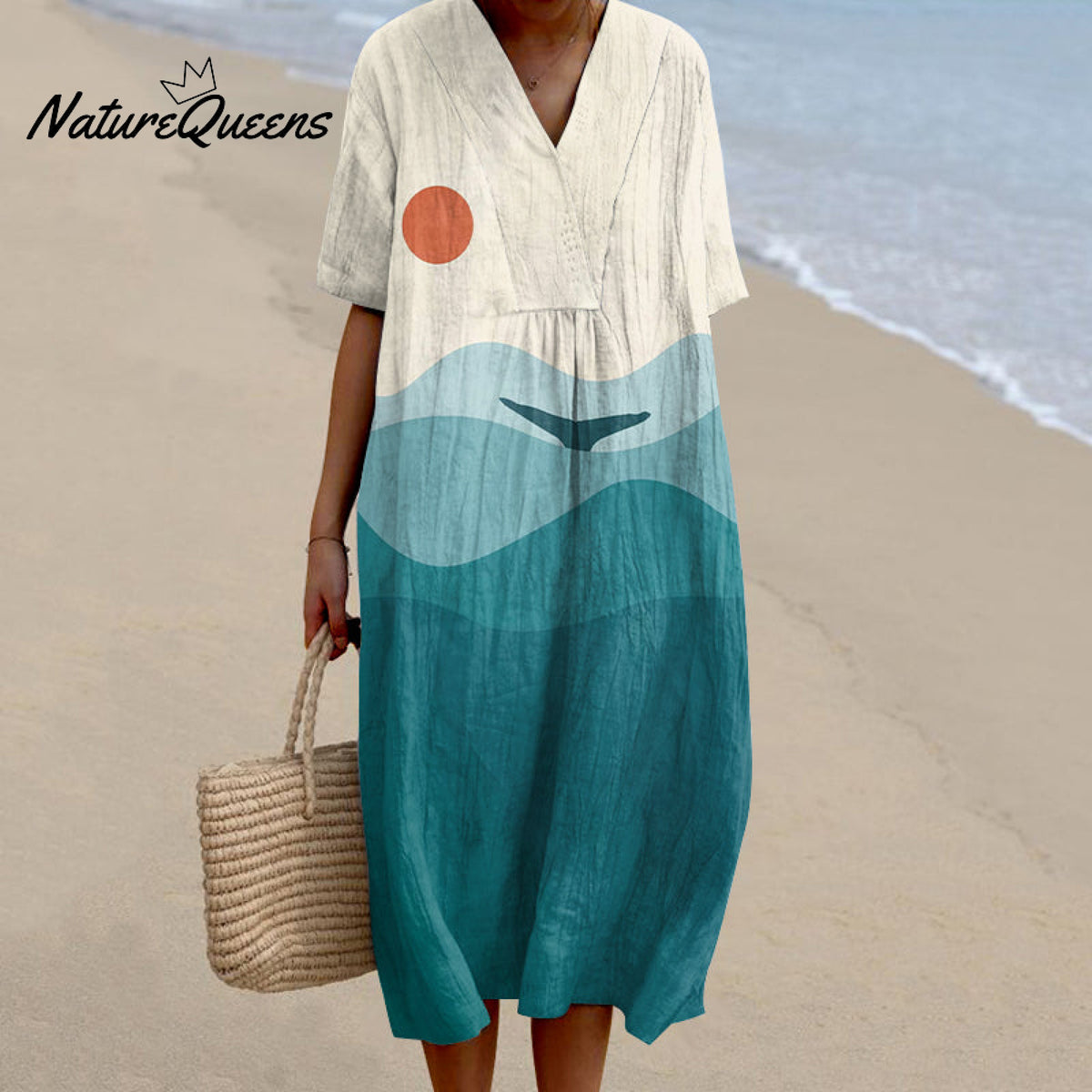 Women's Sun & Ocean Art Linen V-neck Dress