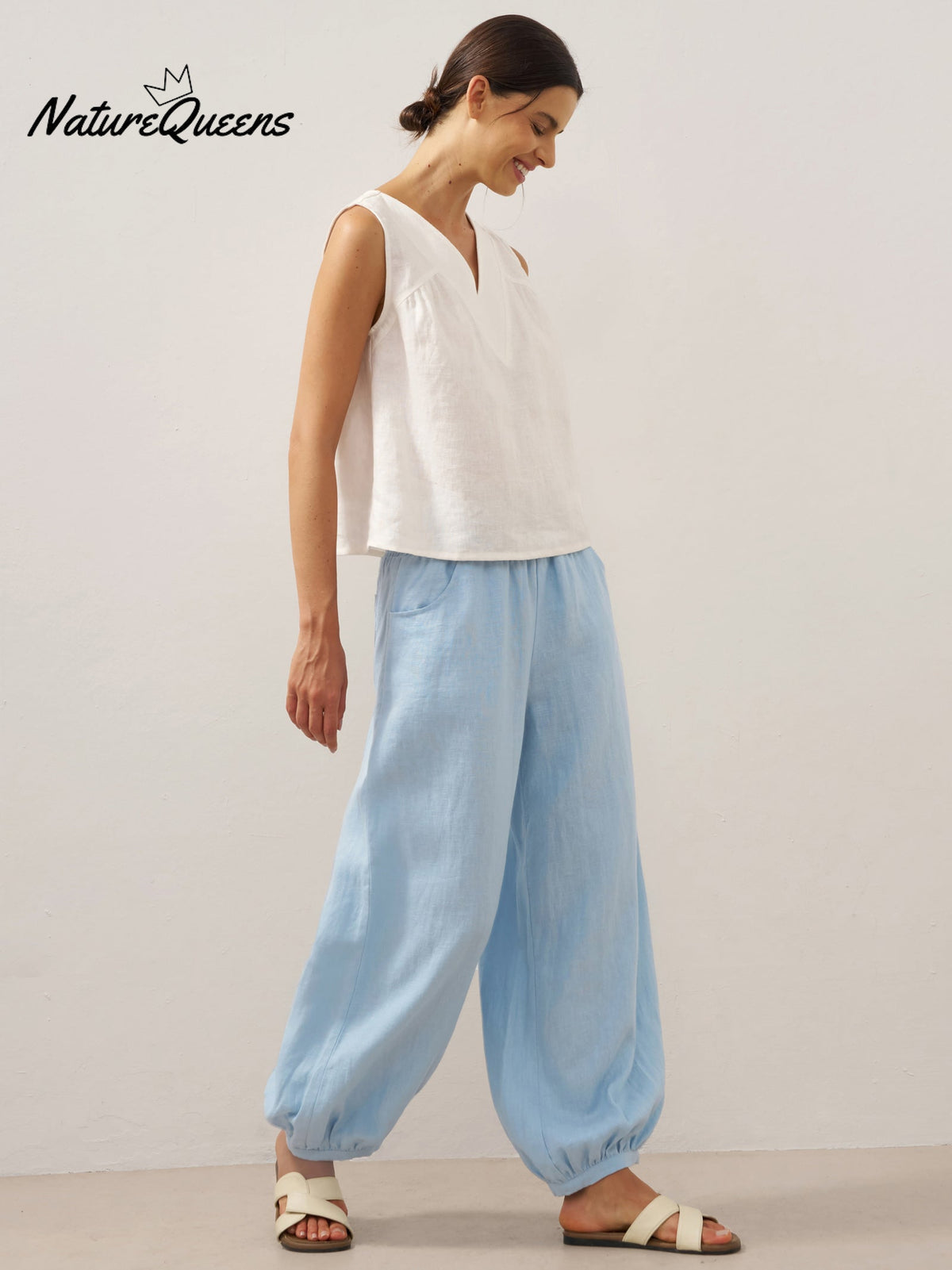 100% Linen Broad Elastic Waistband Pants TALIA