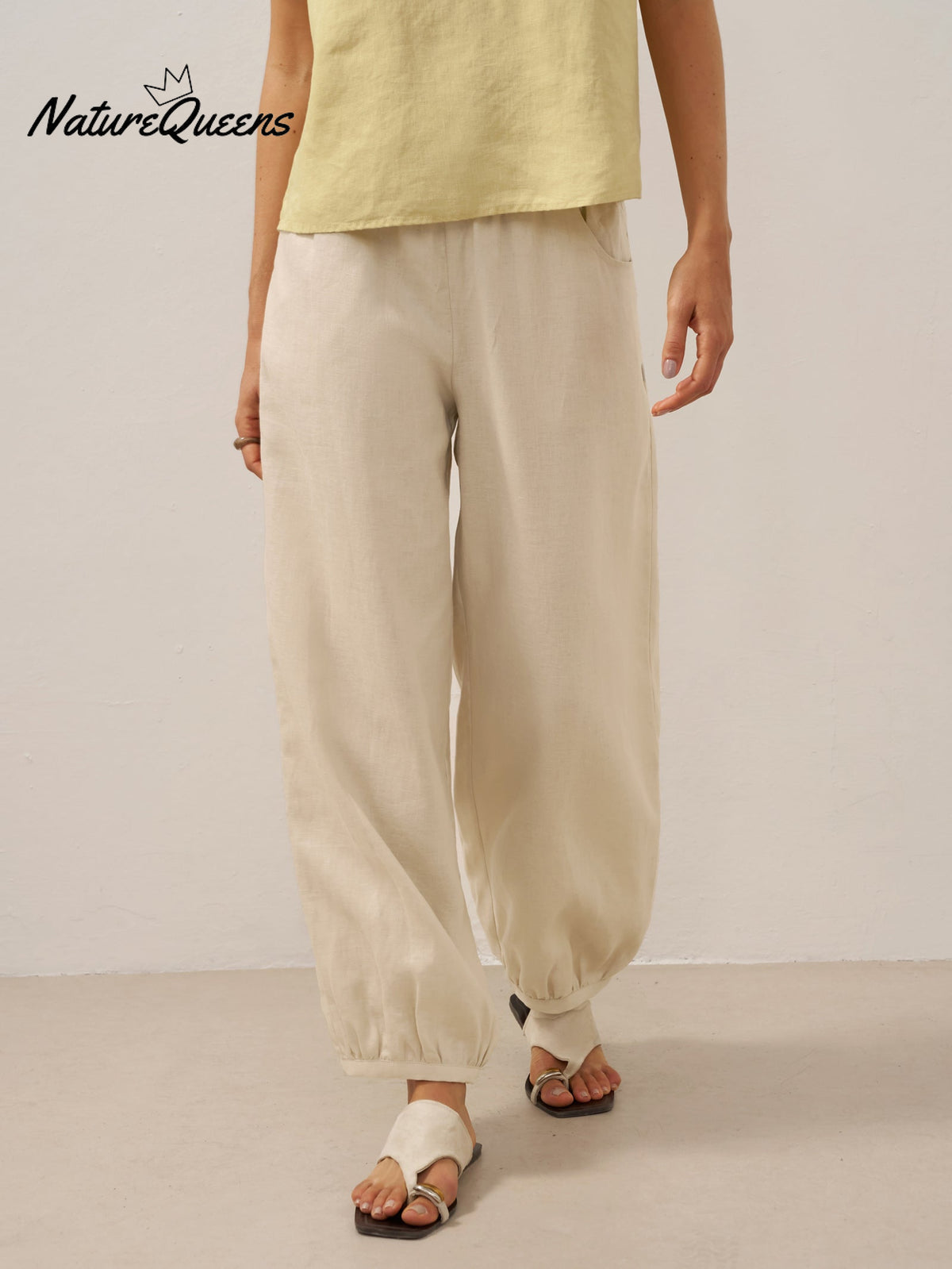 100% Linen Broad Elastic Waistband Pants TALIA